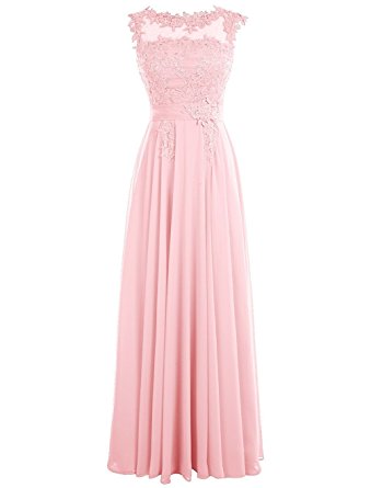 Dressystar Long Scoop Chiffon Bridesmaid Prom Dresses with Lace Appliques