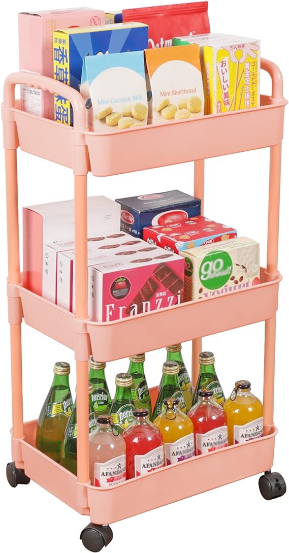 Vtopmart 3 Tier Rolling Cart with Wheels, Detachable Utility Storage Cart with Handle and Lockable Casters, Storage Basket Organizer Shelves, Easy Assemble for Bathroom, Kitchen, Pink