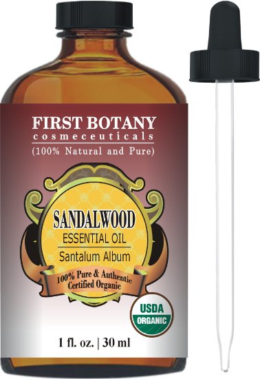 Organic Sandalwood Essential Oil 1 fl oz 100 Pure and Natural Santalum Album with A Glass Dropper Ideal for Skin Care Hair Care Meditation and Acne Treatment