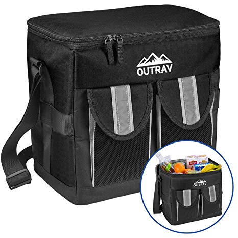Outrav Black Padded Insulated Cooler – 30 Can Capacity - Soft Collapsible Leak Proof Tote for Camping, Picnics and Travel – Large Main Compartment, 2 Front Pouches, Handle and Shoulder Strap