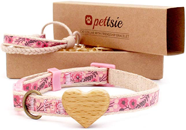 Pettsie Cat Collar Breakaway Safety with Heart and Friendship Bracelet for You, Soft 100% Cotton for Extra Comfort, Strong and Durable, Easy Adjustable Size 8-11 Inch, Gift Box Included