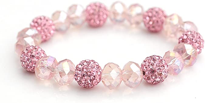 Crystal Shamballa Beads Aurora Borealis (AB) Faceted Glass Bracelet Stretch Cord Pink