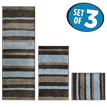 mDesign Stripes Microfiber Bathroom Shower Accent Rug, Spa, Standard & Short - Set of 3, Mocha/Gray