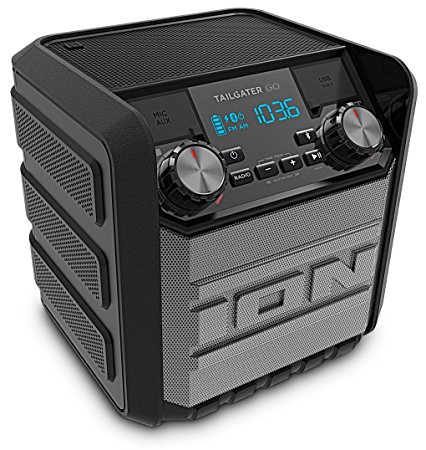 ION Audio Tailgater Go Waterproof Compact Wireless Portable Outdoor Bluetooth Speaker System with Built-In AM/FM Radio Rechargeable Battery and USB Power bank