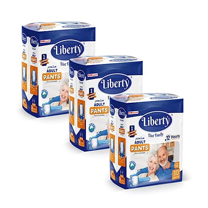 Liberty Premium Adult Diaper Pants, Medium (M) Size, 30 Count, Waist Size (61-115cm | 24-45 inches), Unisex, Leak Proof, Extra Elastics, High Absorbency, 12 Hrs protection, Pack of 3, 10 count/pack