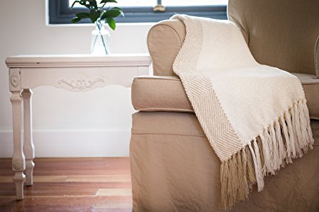 Soft, Warm Throw Blanket for Sofa, Couch or Bed, CHENILLE- Inverno Diamond / approx 50x60, Decorative & Cozy (Bone/Natural)/ HAVEN & EARTH