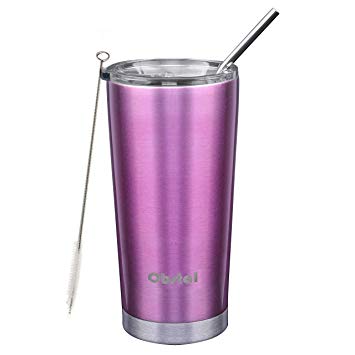 Obstal Stainless Steel Insulated Tumbler - Double Wall Vacuum Travel Mug for Coffee with Straw, Slider Lid, Cleaning Brush, (20 oz, Fuchsia)