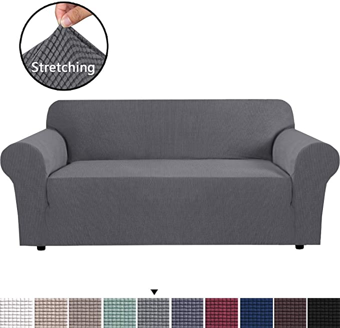 Stretch Couch Cover Sofa Covers Furniture Covers Sofa Slipcover Feature High Spandex Textured Lycra Small Checks Jacquard Fabric with Elastic Bottom(Sofa 72"-96" Wide, Senior Grey)