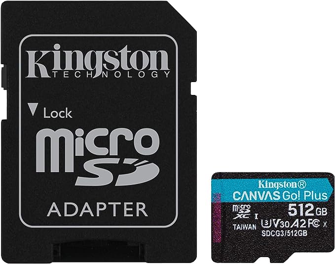 Kingston 512GB microSDXC Canvas Go Plus 170MB/s Read UHS-I, C10, U3, V30, A2/A1 Memory Card   Adapter (SDCG3/512GB)