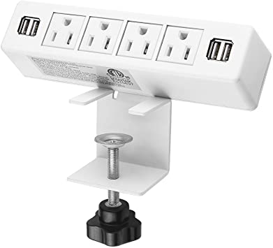 Desk Edge Power Strip with 4 USB Port Removable Clamp Power Outlet Socket with Switch 6.5 ft Extension Cord Connect 4 Plugs for Home Office Reading(White)