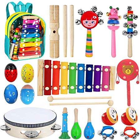 POKONBOY 23 Pack 12 Types Toddler Musical Instruments Toys, Wooden Percussion Instruments for Kids Early Learning Musical, Musical Toys Set for Boys Girls Gift with Storage Backpack