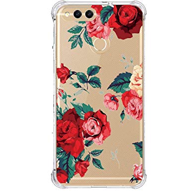 Huawei Mate SE Case,Huawei Honor 7X Case Flower,LUOLNH Slim Shockproof Clear Floral Pattern Soft Flexible TPU Back Cover Huawei Honor 7X (2017)/Mate SE(Red)