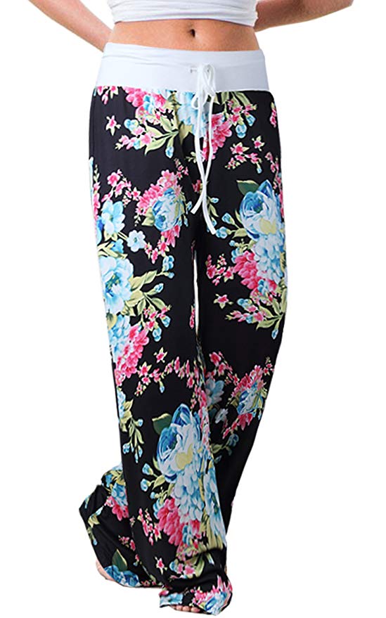 Angashion Women's High Waist Casual Floral Print Drawstring Wide Leg Pants