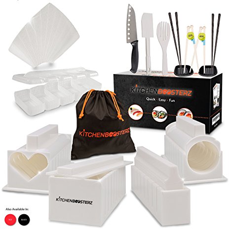 Sushi Making Kit - DIY Beginner Set - 10 Shape Molds, 3 Types - Maki rolls, Temaki, Nigiri, Knife, Spatula, Chopsticks, Sauce Dishes, Storage Bag & Sushi Maker Guide Book - White - by KitchenBoosterz