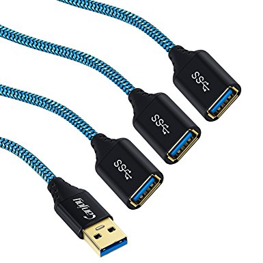 SuperSpeed USB 3.0 Extender, Canjoy 6feet/3 pack Blue USB Extension Cable - A-Male to A-Female Braided Charger with Black Metal Gold-Plated Connector for Mouse,USB Flash Drive,Hard Drive Keyboard