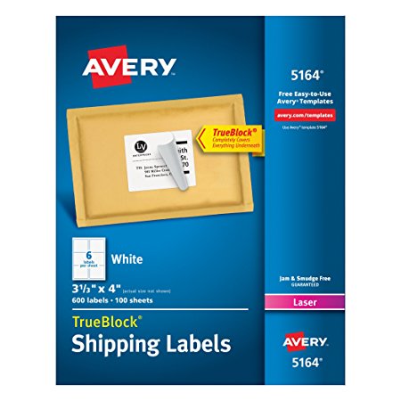 Avery Shipping Labels for Laser Printers with TrueBlock Technology, 3.333 x 4 Inches, White, Box of 600 (5164)