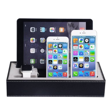Apple Watch Stand 4 in 1 Iphone Ipad Charging Dock New Edition Waterproof Accessories Charging Station Cradle Holder for Iphone and Iwatch 38 Mm and 42 Mm Tablet Organizer Black Leather