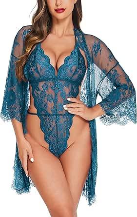 Avidlove Women Sexy Lingerie Set 2 Piece Lace Kimono Robe with Lace Teddy Lingerie Bodysuit