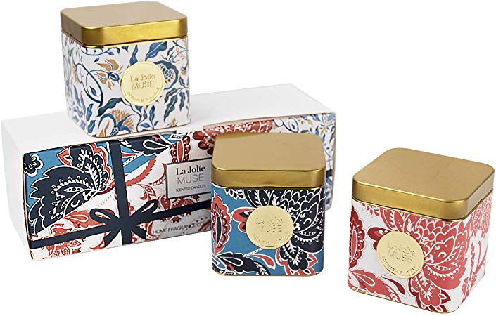 LA JOLIE MUSE Scented Candles Gift Set - Natural Soy Wax Mood Candles, 3 Small Travel Tin Aromatherapy Candles, 400g Mini Stress Relief Portable Essential Oil Candles, Relaxing Gift (Gold Trio)