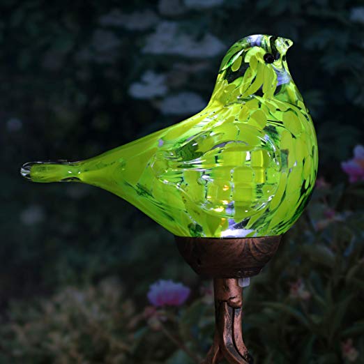 Exhart Solar Yellow Hand-Blown Glass Bird Yard Stakes -Bird Garden Stake w/Solar LED Lights in Spiral Bronze Finial Design - Bird Metal Stakes, Bird Decor, Garden Art Bird Ornaments, 7" L x3 W x30 H