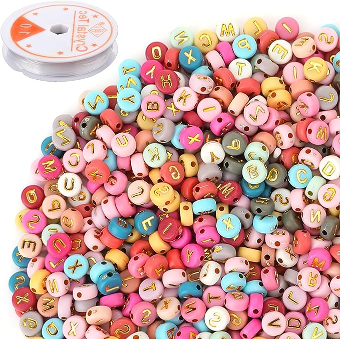 1000 Pcs Acrylic Letter Beads for Bracelets Round Multi-Color Alphabet Beads A-Z Sorted,4x7mm Letter Beads Bulk for Jewelry Bracelet Making with a Roll Wire