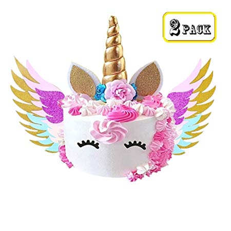 Bozoa Unicorn Cake Topper Set | Glitter Gold Unicorn Horn Ears Flowers Eyelashes with Unicorn Wings for Cake,Birthday Party, Baby Shower, Wedding Unicorn Party Decoration Supplies