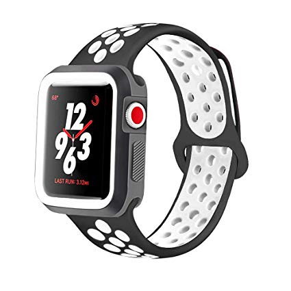 KINPEI Compatible with Apple Watch Series 1/2/3 Nike Band 38mm 42mm with Case, Soft Silicone Sport Replacement iWatch Band & Shock-Proof Protective Case (Black/White, 42mm M/L)