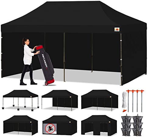 ABCCANOPY Canopy Tent Popup Canopy 10x20 Pop Up Canopies Commercial Tents Market stall with 6 Removable Sidewalls and Roller Bag Bonus 4 Weight Bags and 10ft Screen Netting and Half Wall, Black