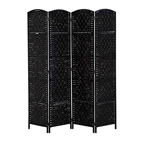 HOMCOM 6' Tall Wicker Weave 4 Panel Room Divider Privacy Screen - Black Wood