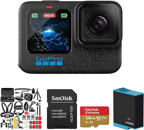 GoPro HERO12 Waterproof 27MP Action Camera with Waith 50 in 1 Action Camera Accessory Kit, Memory Card 128GB Card and Waith Rechargeable Battery Bundle (Black)