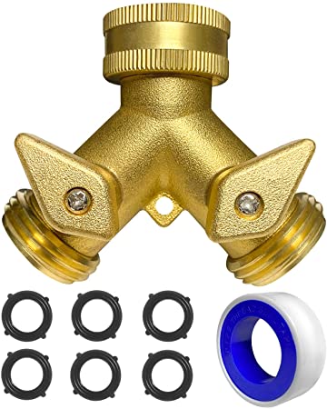 B&A Garden Hose Splitter Connector 2 Way Y Valve Water Hose Tap Connector with 6 Pieces 3/4 Inch Gaskets and Teflon Tape