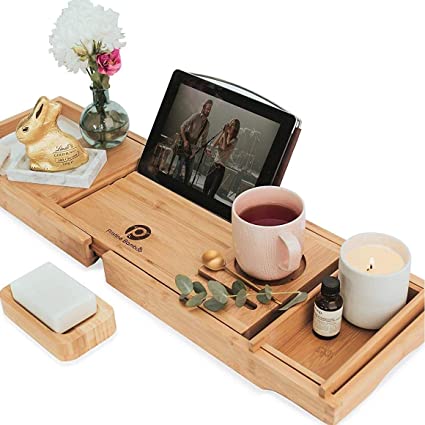 Pristine Bamboo Bathtub Caddy Tray - Packed with 12 Features| Bathtub Tray with Wine Glass Holder Book Holder iPad Stand