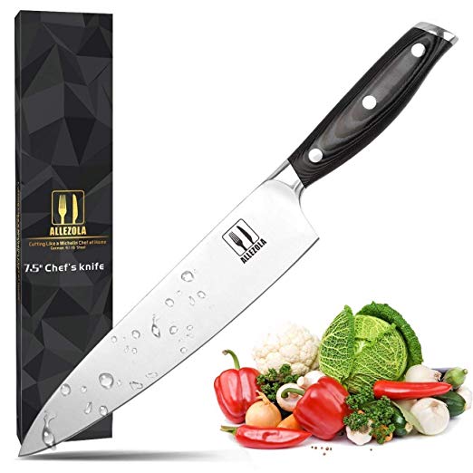 Allezola Professional Chef’s Knife, 7.5 Inch German High Carbon Stainless Steel Cooking Knife, Very Sharp, Balanced Comfortable Handle, Multipurpose Top Kitchen Knife for Home and Restaurant