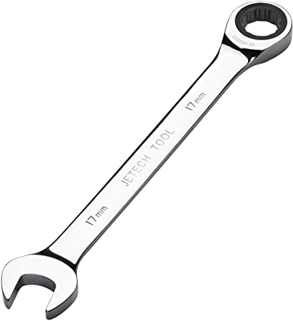 Jetech 17mm Ratcheting Combination Wrench - Metric Industrial Grade Cr-V Steel Gear Spanner in Polished Chrome Finish