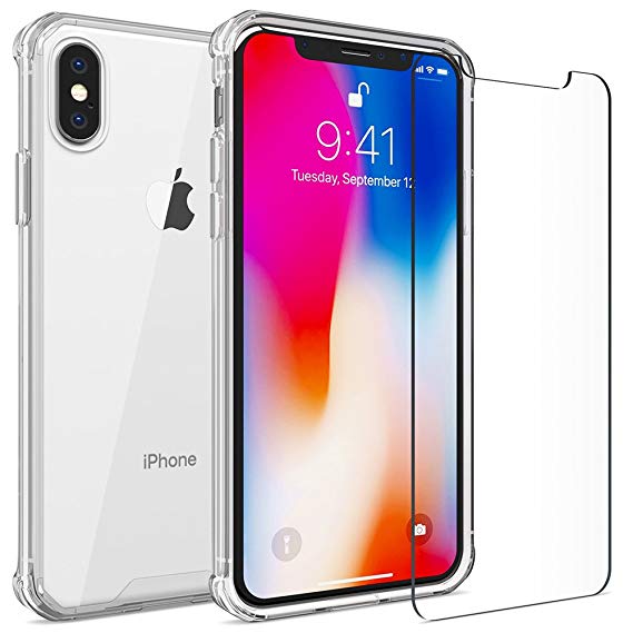 FlexGear Clear Case for iPhone X XS (NOT Max)   Glass Screen Protector, Designed for iPhone X/XS (Clear)