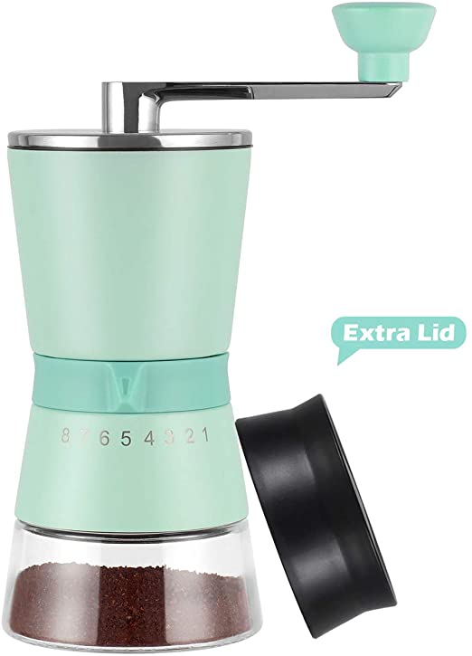 Manual Coffee Grinder - Hand Coffee Mill with Conical Ceramic Burrs 15 Adjustable Settings - Portable Hand Crank Extra Bonus Cap (Green)