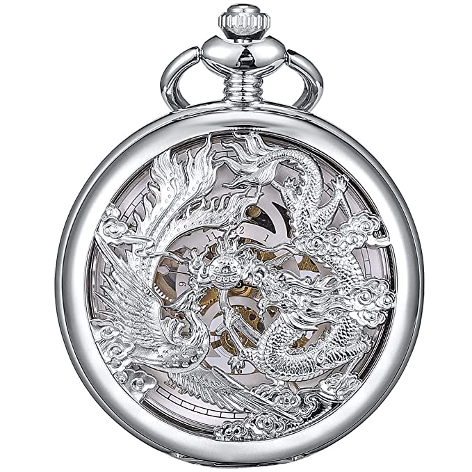 ManChDa Mens Antique Mechanical Pocket Watch Lucky Dragon & Phoenix Retro Skeleton Dial with Chain   Gift Box