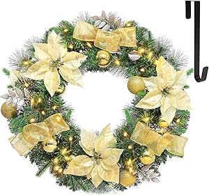 Hykolity 24 in. Pre-Lit Artificial Christmas Wreath with 50 Warm White LED Lights, 100 PE Branch Tips, Lighted Battery Operated Wreath with Poinsettia Flowers & Gold Balls, Hanger Included, Champagne