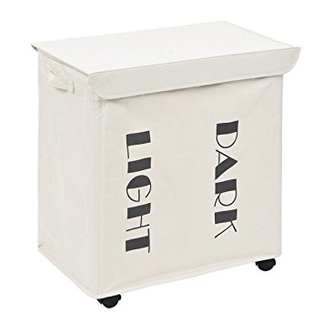 ZERO JET LAG Rolling 2 Section Double Laundry Hamper with Stand Foldable Large Dirty Laundry Hamper Basket Handy Waterproof Sorter and Organizer on Wheels 21.7" x 14.2" x 23.6" (White)