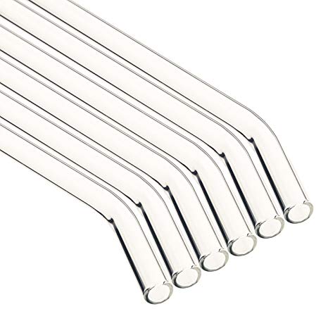 GINOVO 180mm*8mm Reusable Bent Glass Drinking Straws, Set of 6 with 3 Cleaning Brushes (Transparent)