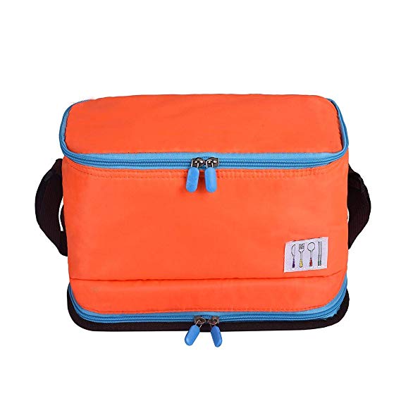 Insulated Lunch Bag with 2 Compartments, Water-Proof Lunch Box with Adjustable Straps, Foldable Cooler for Work, School, Adults, Kids - Orange