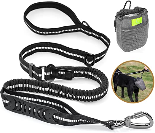 Heavy Duty Dog Leash Especially for Large Dogs Up to 150 lbs, 4 Ft Pulling Bungee Shock Leash for Dog Walking Training, Reflective Pet Leash with 2 Padded Traffic Handle and Car Seat Belt Buckle