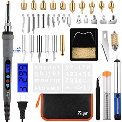 Fuyit 42Pcs LCD Wood Burning Kit, Pyrography Pen with Various Temperature Control & Woodburning Craft Tips for Wood Burning/Soldering/Carving/Embossing