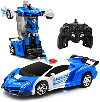 Transform Car Robot,1:18 Model RC Car Robot for Kids,Robot Deformation Car Model Toy Gift for Children,Electronic Remote Control Car with One Button Transformation & Realistic Engine Sounds (White)