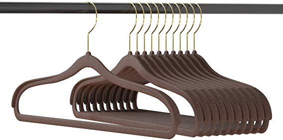 Suit Hangers Non Slip Velvet 10 Pack - Coat Hanger Wide Shoulder 360° Swivel Hooks & Jacket Hangers for Men Anti-Slip Bar Brown