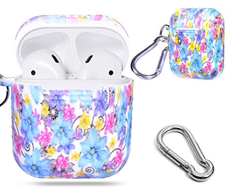 Alltravel Protective Silicon Case for Airpod Case, featured with flowers image for youth, Easy to carry carabiner, compact, lightweight and excellent protection