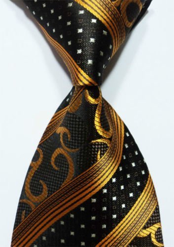 Scott Alone : New Classic Gold Black Striped 100% New Jacquard Woven Silk Men's Tie Necktie