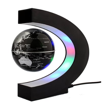 Magnetic Levitation Floating Globe with LED Lights 3-inch Globe World Map C Shape Base for Home & Office Decoration, Learning & Teaching (Silver/Black)