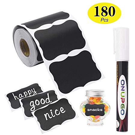 ONUPGO Chalkboard Labels-180pcs Waterproof Reusable Blackboard Stickers with 1 Liquid Chalk Marker for Mason Jars, Parties Decoration, Craft Rooms, Weddings, Storage, Organize Your Home & Kitchen