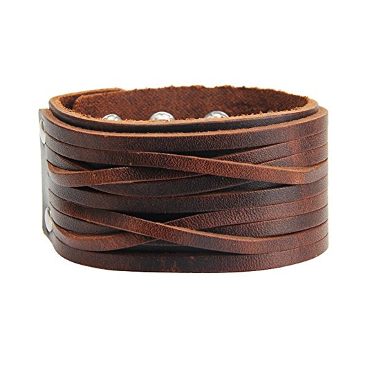 Jenia Punk Unisex Genuine Leather Bracelet Cord Wide Belt Wristband Bangle Cuff Bracelet Men 7"-8.5" Brown